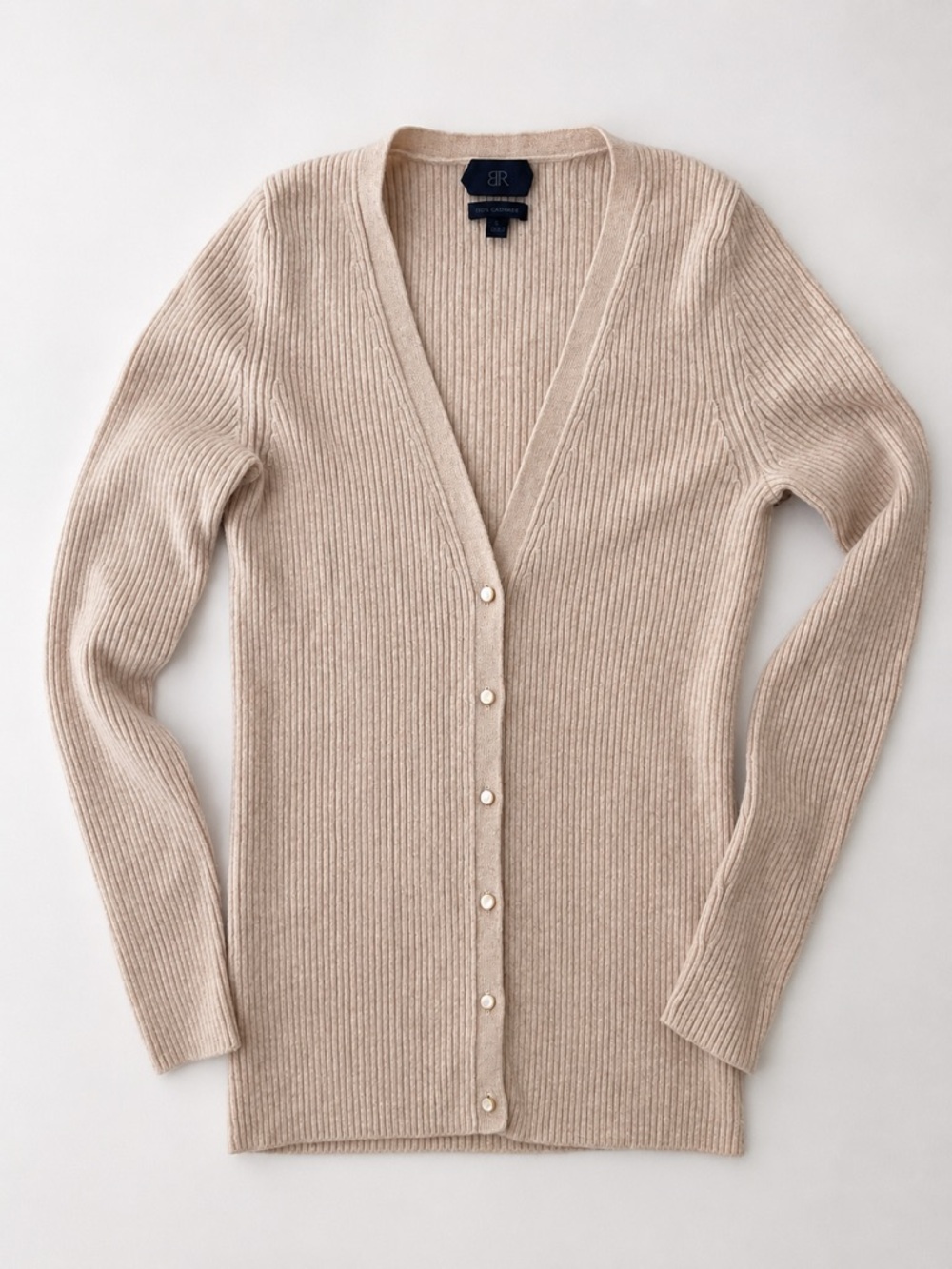 Banana Republic 100% Cashmere Ribbed Cardigan Sweater Beige Button Front Small - Picture 2 of 7